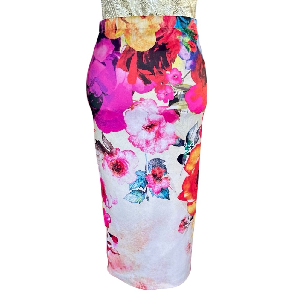 Material Girl Floral Stretch Midi Skirt Summer Vacation Office Brunch Size Small - Picture 3 of 3